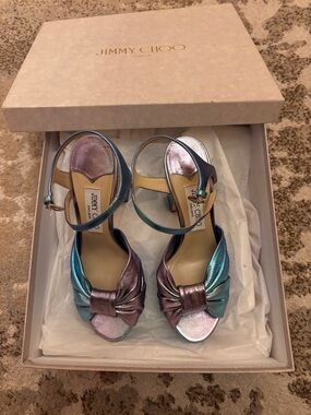 Jimmy Choo Iridescent Knot-Front Sandals in Teal & Lilac